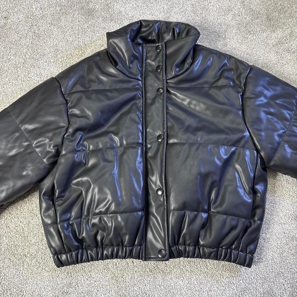 LE Lis Collection Black Faux Leather Puffer Jacket Small Quilted Coat - Picture 2 of 8